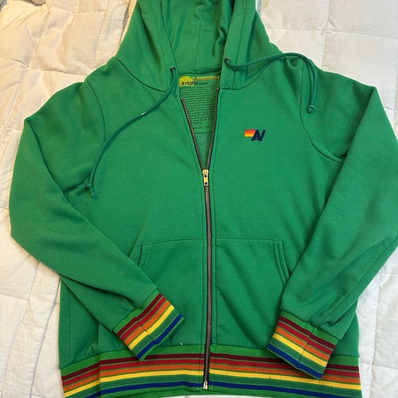 Aviator Nation Green Zip-Up Hoodie with Striped Cuffs - Picture 1 of 2